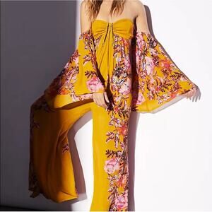FREE PEOPLE Jumpsuit XS Falling Flowers Off Shoulder Wide‎ Leg Boho Flowy Sleeve